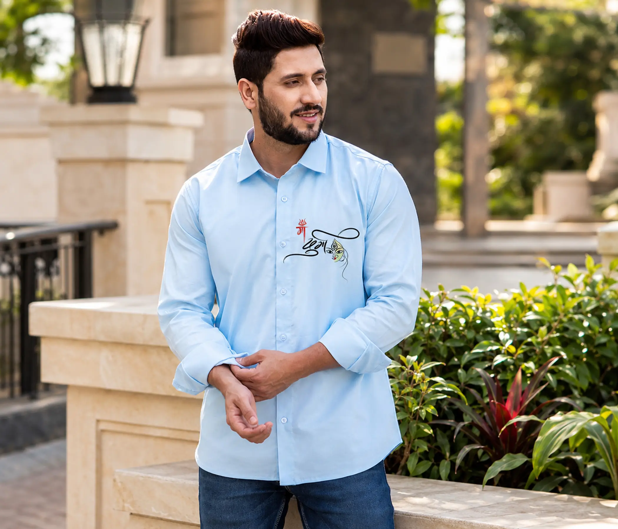Sky Blue Hand-Painted Maa Durga Shirt for Perfect Mens Collection